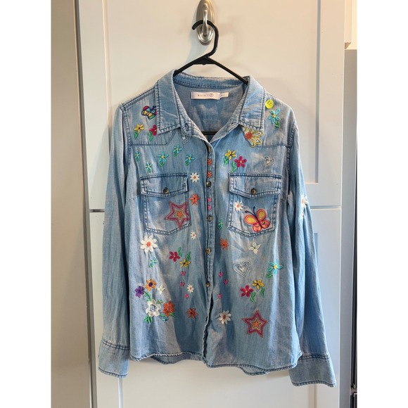 BILLY T Embellished Denim Shirt Butterflies Flowers Stars Button Down Top Women - Picture 9 of 16